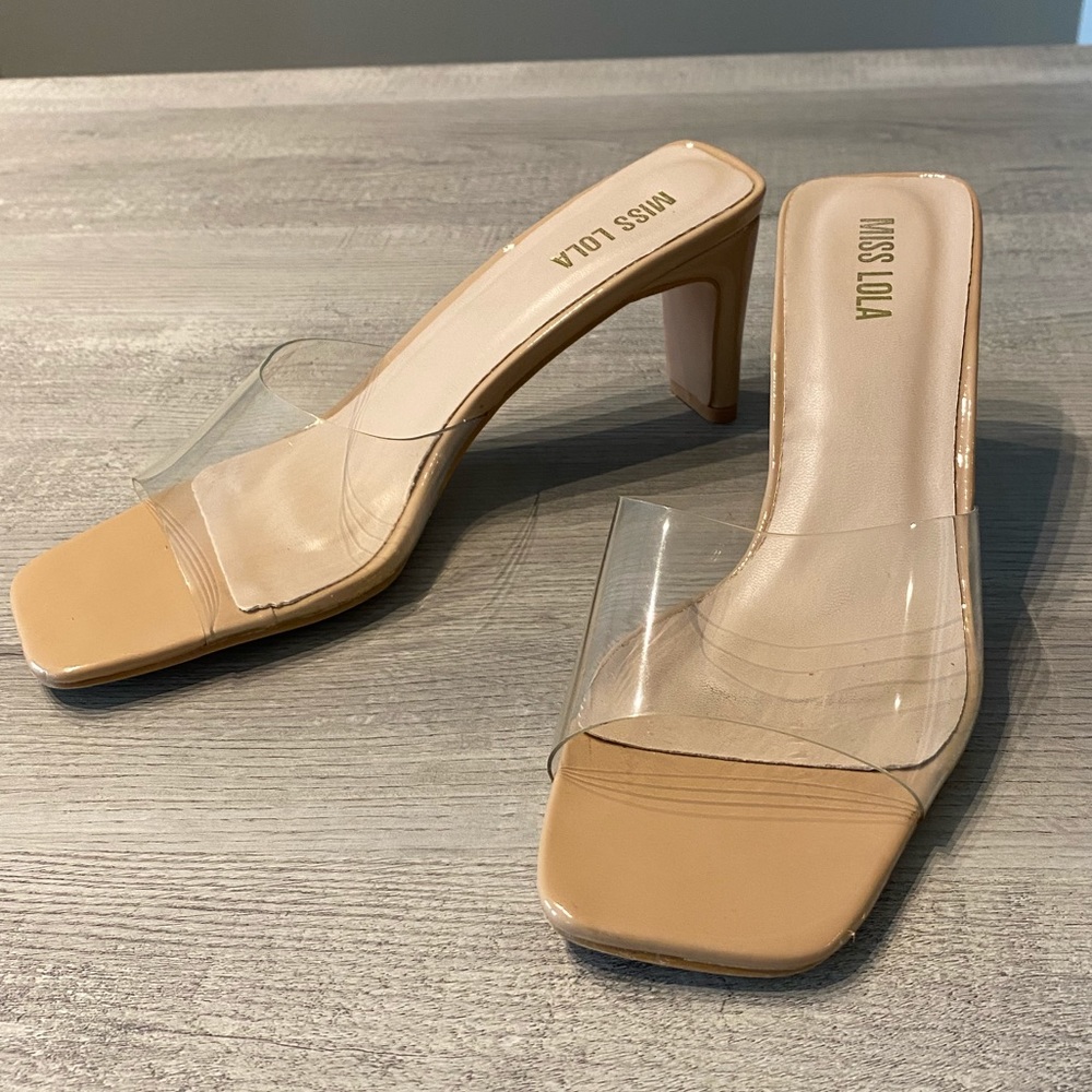 Miss Lola Clear Nude Mules Square Toe Heels Size 7